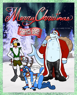 all_fours anthro antler_headband aurora_(phenomenon) averting_eyes barefoot beak bell bell_collar bell_harness black_hair black_legs blue_beak blue_body blue_feathers blue_skin boots border bottomwear briefs bulge christmas_card christmas_clothing christmas_headwear clothed clothing collar dialogue erection erection_under_clothing evergreen_tree eyebrow_piercing eyebrow_ring eyebrows facial_piercing fake_red_nose feathers feet fin footwear genitals gift green_border green_bottomwear green_clothing green_shorts green_topwear group hair hand_on_hip hand_on_own_hip harness hat headgear headwear holding_gift holding_leash holding_object holding_sack holidays inner_monologue jingle_bell jingle_bell_harness leash leashed_collar leashed_male leather leather_boots leather_bottomwear leather_clothing leather_footwear leather_pants looking_at_viewer low_cut_shirt male merry_christmas name_drop naughty_face nervous nervous_smile nipples non-mammal_hair non-mammal_nipples orange_eyebrows outside overweight overweight_male pants pattern_bottomwear pattern_clothing pattern_shorts penis penis_base piercing pine_tree plant questioning red_bottomwear red_clothing red_shorts reindeer_costume ring_piercing santa_coat santa_hat shirtless shirtless_male shoes shorts slim_male snow snowing speech_bubble standing striped_bottomwear striped_clothing striped_shorts stripes stubble tail tail_feathers tail_fin teeth text thinking tighty_whities topless topless_male topwear tree trio underwear white_body white_briefs white_clothing white_underwear secretgull christmas gus_skwarek jace_wayne shane_stocks aquatic avian bird corvid fish gull jay_(bird) lari larid new_world_jay oscine passerine scrub_jay shark 2025 digital_drawing_(artwork) digital_media_(artwork) english_text hi_res