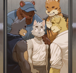 anthro athletic athletic_anthro athletic_male barazoku big_muscles biped black_eyes bodily_fluids brown_body brown_fur elevator eyeless fur group male muscular muscular_anthro muscular_male orange_body orange_fur sweat sweatdrop white_body white_fur yellow_body yellow_fur art_uza bear canid canine canis domestic_dog felid mammal pantherine tiger wolf 2025 absurd_res hi_res