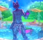 anthro black_body bulge clothing crowd eyes_closed gesture group male nipples pawpads pool_party poolside public smile solo swimming_pool swimming_trunks swimwear translucent translucent_clothing underwear waving waving_at_viewer waving_hand wet wet_clothing wet_underwear nolansnsfw nolan_(nolansnsfw) domestic_cat felid feline felis mammal absurd_res hi_res