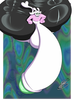 anthro balls balls_expansion big_balls big_butt big_penis black_bottomwear black_clothing black_sclera black_shorts blue_nose bottomwear butt butt_expansion clothing expansion eyebrows femboy filter genital_expansion genitals glans green_eyes green_glans grey_hooves hand_on_hip hand_on_own_hip heart_tail high-angle_view hooves huge_balls huge_butt huge_penis huge_thighs hyper hyper_balls hyper_butt hyper_genitalia hyper_penis hyper_thighs looking_at_viewer looking_up looking_up_at_viewer male navel penis penis_expansion pink_clothing pink_sweater pink_topwear shorts smile smiling_at_viewer smug solo sweater tail thick_thighs thigh_expansion tight_clothing topwear white_body white_ears white_eyebrows white_tail shieradevil microsoft ori_(series) xbox_game_studios garina_(reathe) guardian_spirit 2026 absurd_res cel_shading colored digital_media_(artwork) hi_res shaded signature
