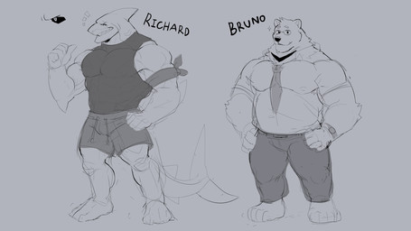 anthro barazoku clothing duo eyes_closed eyewear glasses looking_at_viewer male musclegut muscular muscular_anthro muscular_male sharkbear smile standing text sollyz 2020 english_text hi_res monochrome sketch