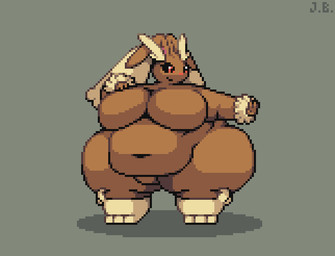 anthro belly big_belly big_breasts big_ears black_sclera breasts brown_body featureless_breasts featureless_crotch female grey_background huge_breasts huge_hips huge_thighs navel obese obese_anthro obese_female overweight overweight_anthro overweight_female pose red_eyes simple_background smile solo standing thick_thighs wide_hips jellybru nintendo pokemon generation_4_pokemon lagomorph lopunny mammal pokemon_(species) 2023 digital_media_(artwork) full-length_portrait pixel_(artwork) portrait signature