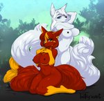 anthro black_nipples black_nose blue_eyes blush breasts duo female fur hair leg_markings looking_at_viewer markings multi_tail navel nipples nude smile socks_(marking) tail luckypan krinele_fullin molly_fullin canid canine canis dreamspinner fox mammal