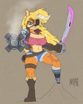 activision anthro bandicoot boots bottomwear clothing crash_bandicoot_(series) cybernetics cyborg eye_patch eyewear female hair hi_res hotpants jacket machine mammal marsupial meatboom melee_weapon messy_hair mouth_scar notched_ear pirate pirate_tawna prosthetic prosthetic_leg prosthetic_limb redesign shorts solo sword topwear torn_clothing weapon weapon_arm