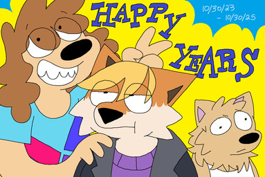 :t anniversary annoyed anthro blonde_hair brown_hair bunny_ears_(gesture) clothed clothed_anthro clothed_female clothed_male clothing derp_eyes eye_through_hair female female_anthro fluffy fur gesture group hair happy male male_anthro orange_body orange_fur pointy_ears smile tan_body tan_fur text translucent translucent_hair trio white_body white_fur freoncat normalsville ferris_(normalsville) harrod_(normalsville) zoey_(normalsville) bird_dog canid canine canis domestic_dog fox golden_retriever hunting_dog mammal mixed_breed nordic_sled_dog poodle retriever samoyed spitz 2025 colored dated digital_media_(artwork) english_description english_text