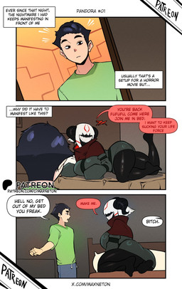 bed black_body black_horn clothed clothing dialogue duo female furniture grin hair horn inside looking_at_another male male/female on_bed smile white_hair maxneton human humanoid mammal monster comic hi_res