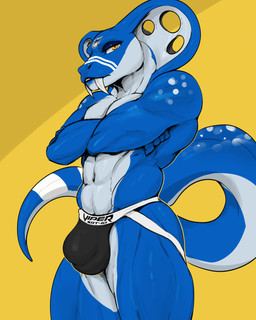5_fingers anthro balls big_balls big_penis blue_body bulge clothed clothing crossed_arms fingers genitals jockstrap jockstrap_only looking_at_viewer male muscular muscular_anthro muscular_male orange_eyes penis sex simple_background snake_hood solo standing tail thick_thighs topless underwear underwear_only yellow_background bexx dodge_(brand) dodge_viper cobra reptile scalie snake 2026 4:5 absurd_res digital_media_(artwork) hi_res
