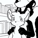 3_fingers anthro book bookshelf chest_tuft duo ear_nibble ear_tuft female fingers fur furniture hair nude snout tuft htfcuddles mammal mephitid mouse murid murine rodent skunk 1:1 2021 black_and_white hi_res monochrome