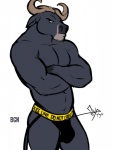 anthro balls biped bulge clothed clothing crossed_arms empty_eyes fur genitals grey_body grey_fur horn jockstrap male penis penis_base simple_background solo standing topless underwear white_background bgn disney zootopia chief_bogo bovid bovine cape_buffalo mammal