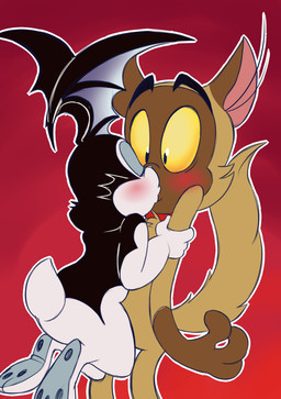 anthro anthro_on_anthro blush duo eyes_closed hug interspecies kissing making_out male male/male ship shocked surprise_kiss surprised toony vehicle watercraft wings 8-bit-britt bunnicula_(series) bunnicula chester_(bunnicula) domestic_cat felid feline felis lagomorph leporid mammal rabbit vampire