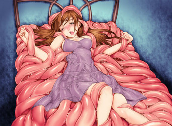 bed bound breasts captured clothing female furniture lying nightgown not_furry on_back on_bed one_eye_closed open_mouth restrained slime struggling tentacle_under_clothing tentacles tentacles_on_female okano_hajime human mammal