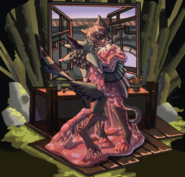 ambiguous_anthro ambiguous_gender anthro bashful biped glue nude slime solo standing sticky struggling stuck the_stir-fry_fox avali felid feline mammal hi_res female_(lore)
