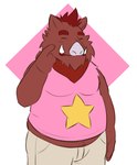 anthro blush bottomwear clothing eyes_closed humanoid_hands male overweight overweight_male pants shirt simple_background solo topwear harushipanda password_(visual_novel) roswell_(password) mammal suid suine sus_(pig) wild_boar 2022 hi_res