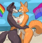 anthro beach bisexual_pride_colors breast_squish breasts breasts_frottage crossover_ship detailed_background dipstick_tail duo eye_contact female female/female fur genitals grey_body grey_fur lgbt_pride looking_at_another markings narrowed_eyes nipples nude nude_beach orange_body orange_fur outdoor_nudity outside pride_color_flag pride_colors pussy rainbow_pride_colors romantic romantic_couple smile smiling_at_another smiling_at_partner squish standing tail tail_markings waist_grab delta_dewitt beastars dreamworks the_bad_guys diane_foxington juno_(beastars) canid canine canis mammal wolf crossover digital_media_(artwork) hi_res