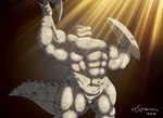 abs anthro armor axe leather leather_armor male muscular muscular_anthro muscular_male pteruges sculpture shield solo statue weapon xxsparcoxx reyak_(xxsparcoxx) crocodile crocodilian reptile scalie 2018 digital_media_(artwork)