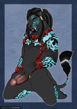 5_fingers abs accessory anthro arm_tattoo athletic athletic_anthro athletic_male balls bedroom_eyes biped black_balls black_body black_fur black_hair black_nose black_pawpads blue_background blue_eyes chest_tattoo cock_ring cuff_(restraint) digitigrade dreadlocks ear_piercing erection eyebrows facial_hair facial_tattoo fangs fingers fur genitals goatee hair harness humanoid_genitalia humanoid_penis inner_ear_fluff jewelry kneeling leg_tattoo looking_at_viewer male melanistic narrowed_eyes navel open_mouth pawpads paws pecs penis penis_accessory penis_jewelry piercing pink_penis raised_tail restraints seductive simple_background smile smiling_at_viewer solo tail tail_tattoo tail_tuft tattoo teeth text tongue tongue_out tuft uneven_balls vein veiny_penis tanutanuki muzukun_drazgotha felid lion mammal pantherine 2021 digital_media_(artwork) hi_res url