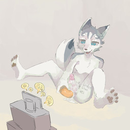 4_toes anal anal_penetration anthro arm_support balls black_nose blue_eyes bodily_fluids body_writing brown_pawpads chest_tuft claws condom crotch_tuft dildo dildo_in_ass dildo_insertion ear_tuft erection exhibitionism eyebrows feet fur genitals grey_body grey_fur humanoid_genitalia humanoid_penis inner_ear_fluff kemono livestream male male_penetrated multicolored_body multicolored_fur nude_anthro nude_male object_in_ass open_mouth orange_dildo pawpads penetration penis pink_condom pointy_ears recording sex_toy sex_toy_in_ass sex_toy_insertion sexual_barrier_device simple_background sitting solo spread_legs spreading sweat tally_marks text toe_claws toes tuft two_tone_body two_tone_fur wearing_condom white_balls white_body white_eyebrows white_fur white_penis regcron canid canine canis mammal wolf 1:1 english_text hi_res