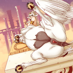 animal_genitalia animal_vulva anus big_breasts blonde_hair breasts breasts_and_teats butt clitoral_winking clitoris clothing cloud cloudy_sky equine_anus equine_genitalia equine_vulva evening feathered_wings feathers female female_taur freckles genitals hair horseshoe looking_at_viewer lying markings mole_(marking) monster_girl_(genre) nipples pillar presenting sky smile solo spread_legs spreading teats udders undressing vulva wings zuckergelee european_mythology greek_mythology monster_musume mythology pegasania_bellerophon centaur equid equid_taur equine humanoid_taur mammal mammal_taur mythological_creature mythological_equine pegasus taur 1:1 2025 absurd_res hi_res