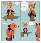 anthro beverage blue_background border bulge clothed clothing dialogue male male/male necktie open_clothing open_shirt open_topwear shirt simple_background speech_bubble text topwear underwear undressing white_border brokenfacade disney zootopia finnick_(zootopia) nick_wilde canid canine fennec_fox fox mammal red_fox true_fox absurd_res comic english_text hi_res