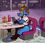 anthro blue_body blue_scales cellphone chair clothing diner electronics eyewear eyewear_on_head furniture goggles goggles_on_head inside leotard looking_at_viewer male phone plate restaurant scales sitting solo table window stalvelle risky_(stalvelle) kobold scalie hi_res