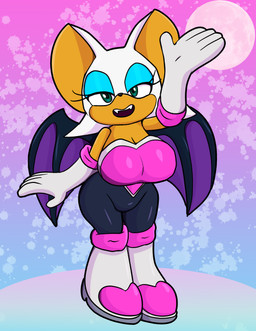 anthro armor armwear bat_wings big_breasts black_bodysuit black_clothing black_mouth black_nose black_skinsuit black_wings blue_background blue_eyeshadow bodysuit breastplate breasts clothing elbow_gloves eyelashes eyeshadow fangs female footwear gesture gloves green_eyes handwear makeup membrane_(anatomy) membranous_wings moon open_mouth open_smile pink_background pink_breastplate sharp_teeth shoes simple_background skinsuit smile smiling_at_viewer solo tan_body tan_inner_ear teeth thick_thighs three-quarter_view tight_clothing waving waving_at_viewer white_armwear white_clothing white_ears white_elbow_gloves white_footwear white_gloves white_handwear white_shoes wings someth1ngoranother sega sonic_the_hedgehog_(series) rouge_the_bat bat mammal 2025 absurd_res cel_shading colored digital_media_(artwork) hi_res shaded