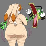 anthro big_butt biped brown_body brown_eyes brown_fur butt cellulite chain clothing cotton_tail dipstick_ears duo ear_markings electronics eyelashes female female_anthro female_focus floppy_ears fur gloves gold_(metal) gold_chain green_body green_scales grey_background handwear headphones heart_symbol huge_butt lidded_eyes looking_at_another looking_back lop_ears love_handles male mature_anthro mature_female multicolored_ears narrowed_eyes nude open_mouth overweight overweight_anthro overweight_female presenting presenting_hindquarters rear_view scales screaming scut_tail short_tail simple_background solo_focus standing tail tan_body tan_fur text thick_thighs white_body white_clothing white_fur white_gloves white_handwear wide_hipped_female wide_hips isxues gyatt_(meme) sega sonic_the_hedgehog_(series) vanilla_the_rabbit vector_the_crocodile crocodile crocodilian lagomorph leporid mammal rabbit reptile scalie 1:1 2024 absurd_res hi_res