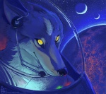 ambiguous_gender anthro black_nose electronics fur glowing headgear headphones headset multiple_moons orbit solo space spacesuit yellow_eyes oce canid canine canis mammal wolf