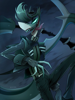 anthro bottomwear claws clothing dagger finger_claws fingers glowing glowing_eyes male melee_weapon open_mouth outside pants sharp_teeth solo teeth tongue tongue_out weapon lanveril hellaverse helluva_boss chazwick_thurman aquatic demon fish shark 2023 3:4 absurd_res digital_media_(artwork) hi_res