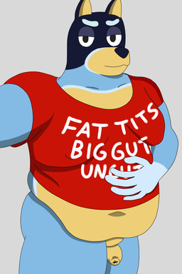anthro bedroom_eyes belly blue_body blue_fur bottomless clothed clothing flaccid foreskin fupa fur genitals looking_at_viewer male narrowed_eyes overweight overweight_male pantsless penis red_clothing red_shirt red_topwear seductive shirt shirt_only simple_background solo topwear topwear_only unretracted_foreskin drreverb bluey_(series) fat_tits_big_gut_uncut meme_clothing bandit_heeler australian_cattle_dog canid canine canis cattledog domestic_dog herding_dog mammal pastoral_dog 2:3 absurd_res hi_res meme