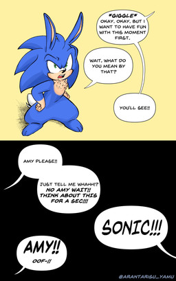 3_toes after_transformation anthro blue_body blue_fur chest_tuft dialogue duo feet female fur green_eyes magic magic_user male offscreen_female paws quills_(anatomy) speech_bubble tan_chest tan_hands tan_inner_ear tan_mouth tan_paws text toes tuft arantarisu_yamu sega sonic_the_hedgehog_(series) amy_rose sonic_the_hedgehog eulipotyphlan hedgehog lagomorph leporid mammal rabbit comic english_text hi_res