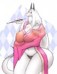 anthro asian_clothing big_breasts black_clothing black_panties black_underwear breast_rest breasts cleavage clothed clothing collarbone crotch_tuft dragon east_asian_clothing eyes_closed eyewear female fur furred_dragon furred_scalie glasses hair horn japanese_clothing kimono koruka long_hair mature_anthro mature_female multicolored_clothing mythological_creature mythological_scalie mythology navel nipple_outline panties scalie simple_background smoking solo straight_hair tail thick_thighs tuft underwear white_background white_body white_fur white_hair wide_hips