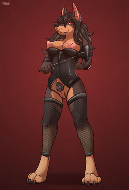 animal_genitalia animal_vulva anthro areola armwear breasts canine_genitalia canine_vulva clothed clothing digitigrade dominatrix ear_piercing feet female fingers fishnet_clothing fishnet_legwear fishnet_thigh_highs fur genitals hair hair_over_eye holding_object holding_whip latex latex_armwear latex_clothing legwear looking_at_viewer nipples piercing simple_background smile solo standing thigh_highs toes vulva whip ruth66 canid canine canis dobermann domestic_dog mammal pinscher digital_media_(artwork) hi_res