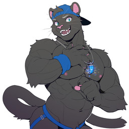 abs anthro backwards_baseball_cap backwards_hat baseball_cap biceps black_body black_fur clothed clothing fangs fur hat headgear headwear jewelry jockstrap jockstrap_only kemono looking_at_viewer male muscular muscular_anthro muscular_male necklace nipples pawpads pecs pink_nose sharktooth_necklace simple_background solo sweatband teal_eyes teeth topless underwear underwear_only peapeafur cougar felid feline mammal pantherine 1:1 hi_res