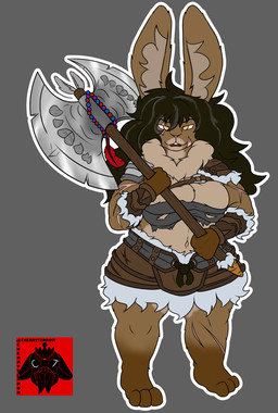 3_toes anthro armor axe barbarian barefoot battle_axe breast_squish breasts brown_hair chest_tuft chest_wraps clothing feet female fluffy fluffy_hair fur_clothing fur_lined_armwear fur_lined_shorts greying_hair hair leather leather_armor leather_clothing long_hair looking_at_viewer medium_breasts muscular muscular_anthro muscular_female neck_tuft paws plantigrade scar scars_all_over size_difference smaller_female smile smiling_at_viewer solo squish thick_thighs toes tuft wide_hips wraps cherryterror lagomorph mammal 2025 hi_res