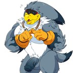 anthro beak biceps blue_eyes blush bodily_fluids clothing collar genital_fluids genitals gloves grey_body handwear humanoid_genitalia humanoid_penis male muscular muscular_male neck_tuft nude pecs penis precum shy shy_smile solo thick_penis tuft lewdookami sega sonic_riders sonic_the_hedgehog_(series) storm_the_albatross albatross avian bird procellariiform hi_res