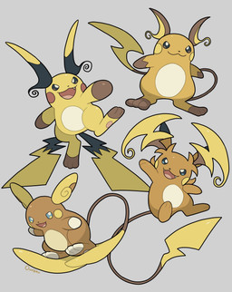 2_tails ambiguous_gender anthro blue_eyes brown_eyes fangs featureless_crotch fur group male multi_tail open_mouth orange_body orange_fur pawpads paws raised_leg semi-anthro simple_background tail teeth tongue yellow_body ouran_rh nintendo pokemon pokemon_legends_z-a alolan_form alolan_raichu generation_1_pokemon generation_7_pokemon generation_9_pokemon mega_evolution mega_raichu mega_raichu_x mega_raichu_y pokemon_(species) raichu regional_form_(pokemon) 2025 hi_res signature
