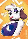 anthro big_breasts breasts clothing dress female low-angle_view neckwear purple_clothing purple_dress purple_eyelids solo tight_clothing tight_dress tongue tongue_out dynamo_toon pac-man_(series) roxy_(pongodecky) beagle canid canine canis domestic_dog hunting_dog mammal scent_hound absurd_res bust_portrait hi_res portrait