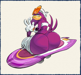 anthro beak big_butt bottomwear bottomwear_down butt butt_cleavage clothed clothing feathers female gloves handwear huge_butt looking_back pants pants_down partially_clothed purple_body purple_feathers sitting smile smirk solo wide_hips nondelismell sega sonic_riders sonic_the_hedgehog_(series) wave_the_swallow avian bird hirundinid oscine passerine swallow_(bird) 2025 hi_res