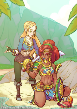ambiguous_gender blonde_hair boots bracelet clothing collar dark_body dark_skin ear_piercing female feral fingerless_gloves footwear gem gloves green_eyes group hair handwear holding_melee_weapon holding_object holding_sword holding_weapon humanoid_focus humanoid_pointy_ears jewelry kneeling leaf light_body light_skin long_hair looking_back melee_weapon muscular muscular_female not_furry_focus on_one_knee piercing pointy_ears red_hair sand shield shoes smile standing sword water weapon dreadlockdetective breath_of_the_wild nintendo the_legend_of_zelda princess_zelda urbosa ambient_arthropod ambient_crab ambient_crustacean ambient_sealife gerudo humanoid hylian hi_res