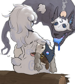 :3 ambiguous_gender anthro back_boob black_body black_fur blue_nose bodily_fluids breasts brown_body brown_skin butt drooling eyes_closed female fur group hair horn log long_hair looking_at_viewer markings mask open_mouth saliva simple_background sitting small_breasts smile white_background white_body white_fur white_hair wood wool_(fur) ldh league_of_legends nintendo pokemon riot_games tencent kindred_(lol) lamb_(lol) wolf_(lol) bovid canid canine canis caprine domestic_sheep generation_8_pokemon mammal pokemon_(species) sheep spirit wolf wooloo 2019 digital_media_(artwork) hi_res