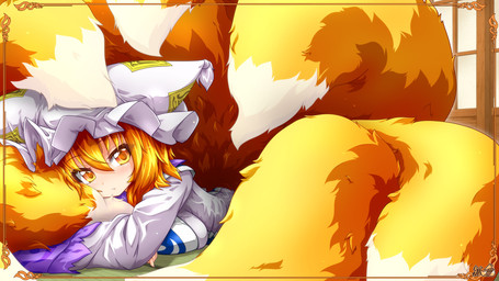 blonde_hair breasts clothing dipstick_tail dress female hair headgear headwear hugging_own_tail looking_at_viewer lying markings multi_tail on_front self_hug solo tabard tail tail_markings white_clothing white_dress white_headwear white_tail_tip yellow_eyes yellow_tail kazami_karasu touhou ran_yakumo animal_humanoid canid canid_humanoid canine canine_humanoid fox_humanoid humanoid mammal mammal_humanoid 16:9 4k absurd_res hi_res widescreen