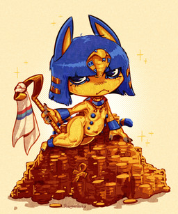 accessory ankh anthro blue_hair bracelet breasts coin egyptian female fingers flat_chested glistening glistening_body gold_(metal) gold_coin grumpy hair hair_accessory holding_object jewelry looking_at_viewer lying makeup multi_nipple nipples nude on_side pile_of_gold shortstack shortstack_female simple_background solo staff tail thick_thighs treasure_hoard yellow_body shugariosa animal_crossing nintendo ankha_(animal_crossing) domestic_cat felid feline felis mammal 5:6 absurd_res digital_media_(artwork) hi_res