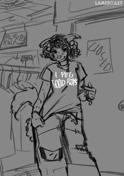 5_fingers anthro bangs belt biped bottomwear bracelet breasts clothed clothed_anthro clothed_female clothing clothing_store curly_hair denim denim_bottomwear denim_clothing door door_handle doorknob ear_piercing eyebrows female female_anthro fingers freckled_face freckles front_view fur gesture grey_text hair hand_gesture inside jeans jewelry medium_breasts mouth_closed necklace oversized_bottomwear oversized_clothing oversized_pants pants piercing pointing pointing_at_self shirt short_hair sign smile smirk snout solo spiked_belt spikes standing store t-shirt tail text text_on_clothing text_on_shirt text_on_topwear topwear wallet_chain white_text wide_hips lameboast strife_(lameboast) canid canine canis domestic_dog husky mammal nordic_sled_dog spitz 2026 artist_name english_text greyscale hi_res monochrome portrait sketch three-quarter_portrait