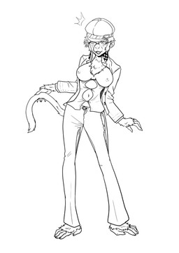anthro breasts chest_tuft clothing eyewear feet female fur glasses hat headgear headwear navel nipples open_mouth prehensile_feet solo surprised toes torn_clothing transformation tuft jitenshasw atlus megami_tensei persona_(series) persona_4 sega naoto_shirogane haplorhine humanoid mammal monkey primate hi_res line_art monochrome