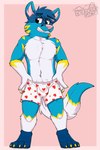 anthro balls_outline biped black_eyes blue_body blue_ears blue_fur blue_hair boxers_(clothing) bulge cheek_tuft chest_tuft claws clothed clothing clothing_pull cute_fangs detailed_bulge digitigrade dipstick_ears dipstick_tail ear_markings eyebrows facial_tuft fangs fur genital_outline hair heart_boxers heart_clothing heart_symbol heart_underwear inner_ear_fluff leg_tuft looking_at_viewer male markings mostly_nude multicolored_ears multicolored_tail neck_tuft partially_clothed pink_background pink_inner_ear pink_nose seductive sheath_outline simple_background solo tail tail_markings teeth toe_claws tuft underwear white_body white_fur yellow_body yellow_fur gaokun ferdinand_the_folf canid canine canis fox hybrid mammal wolf hi_res watermark