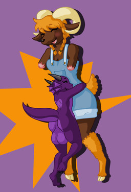 3_toes 4_missing_limbs amputee animal_genitalia anthro backsack balls big_balls breasts butt claws clothing disability duo eyes_closed feet female femboy frill_(anatomy) fur genitals hair hooves horn hug huge_balls larger_female male male/female membrane_(anatomy) membranous_frill missing_all_arms nude orange_body orange_fur orange_hair orange_wool overalls presenting presenting_hindquarters shortstack shortstack_male simple_background size_difference smaller_male smile tail thick_thighs toe_claws toes wide_hips wool_(fur) cottoncaramel mythology cotton_caramel_(character) plum_(plumbold) bovid caprine dragon kobold lizard mammal mythological_creature mythological_scalie reptile scalie sheep 2019 digital_media_(artwork)