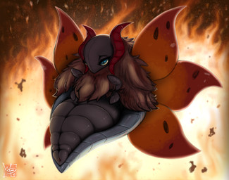 6_wings ambiguous_feral ambiguous_gender animal_genitalia arthropod_abdomen arthropod_abdomen_cloaca arthropod_abdomen_genitalia ashes bedroom_eyes blue_eyes cloaca compound_eyes cross_pupils embers exoskeleton eye_reflection feral fire fire_background front_view genitals glistening glistening_eyes horn insect_wings lepidopteran_wings multi_wing narrowed_eyes neck_tuft particles presenting presenting_cloaca red_horn reflection seductive solo tuft wings wolps nintendo pokemon arthropod generation_5_pokemon insect lepidopteran pokemon_(species) volcarona 2023 full-length_portrait hi_res portrait female_(lore)