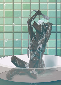 anthro bath bathtub biped black_nipples breasts detailed_background female female_anthro foam inside nipples nude nude_anthro nude_female shower sitting solo suds three-quarter_view translucent water aleks_pakaralex canid canine canis mammal wolf digital_media_(artwork) digital_painting_(artwork) full-length_portrait hi_res painting_(artwork) portrait shaded soft_shading