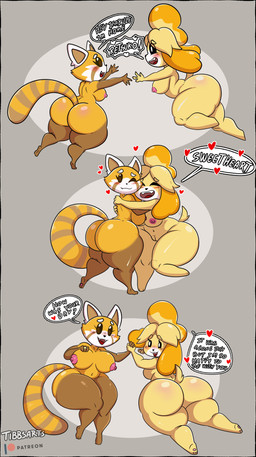 anthro areola beady_eyes big_breasts big_butt black_eyes black_nose blush breasts brown_body brown_eyes brown_fur bubble_butt butt dialogue duo eyelashes fangs feet female female/female fur genitals grey_background heart_symbol hug huge_butt markings navel nipples nude one_eye_closed open_mouth open_smile orange_body orange_fur patreon_logo pink_areola pink_nipples shortstack shortstack_female simple_background smile speech_bubble striped_markings striped_tail stripes tail tail_markings teeth text thick_thighs vulva white_body white_fur wide_hips yellow_body yellow_fur tibbs aggretsuko animal_crossing nintendo patreon sanrio isabelle_(animal_crossing) retsuko ailurid canid canine canis domestic_dog mammal red_panda shih_tzu toy_dog 2023 absurd_res digital_media_(artwork) english_text hi_res