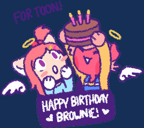 ambiguous_gender anthro birthday birthday_cake blue_clothing blue_shirt blue_topwear cake candle clothing dessert duo feathered_wings feathers female food fur hair halo orange_hair overalls red_body red_fur shirt smile surprised tan_body tan_fur topwear wings yellow_clothing yellow_shirt yellow_topwear 90percentdenny 90_percent_studios purrfect_apawcalypse brownie_pembroke olive_higgins canid canine canis domestic_dog mammal alpha_channel